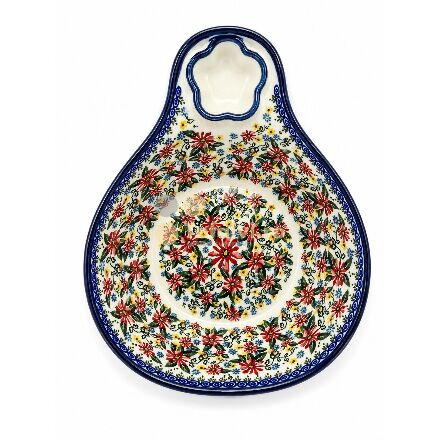 Ornamente și figurine decorative - Platou din ceramica cu maner si suport pentru sos model floral rosu