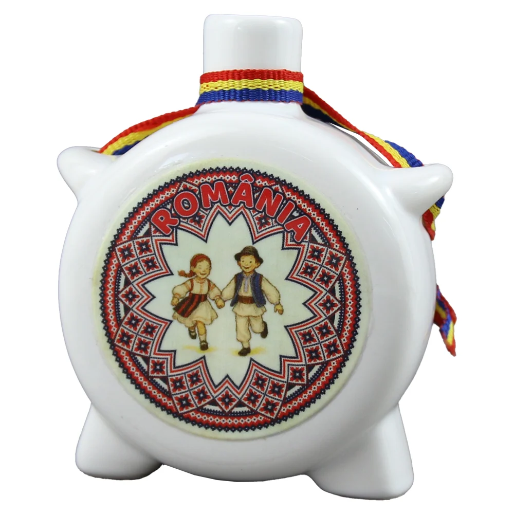 Băuturi și accesorii - Plosca decorativa ceramica 8 cm Copii in port popular Romania