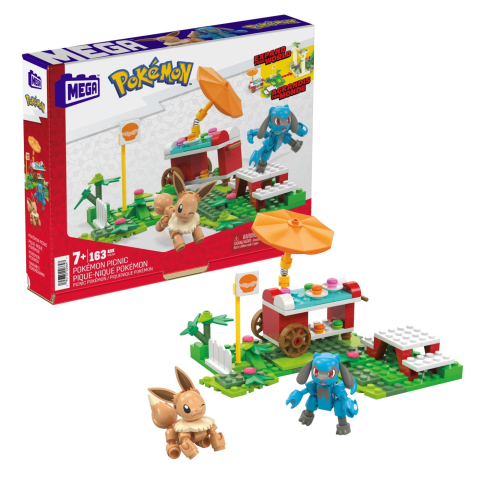 Jocuri de construcție și cuburi - Set de constructie Mega Pokemon Picnic cu figurine Eevee si Riolu 163 piese
