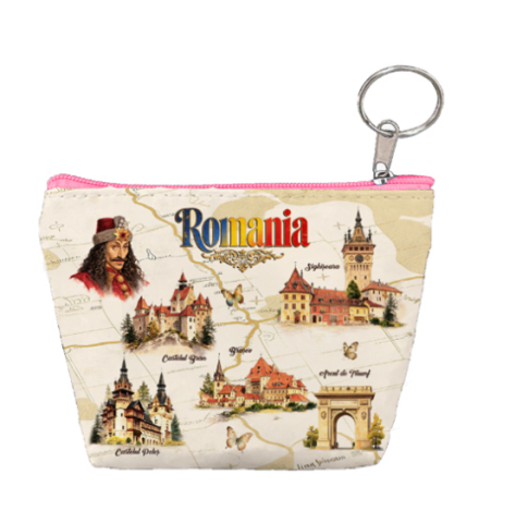 Souvenir România - Portofel suvenir Romania cu breloc si fermoar model obiective turistice