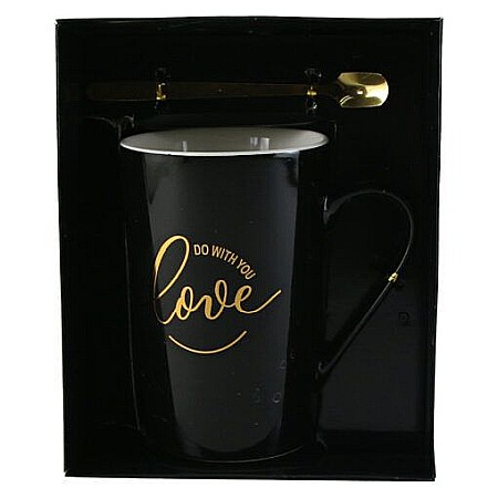 Casă și decorațiuni - Cana ceramica cu lingurita metalica love negru/auriu