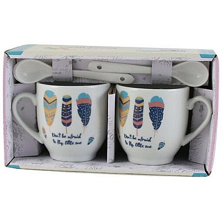 Căni și pahare - Set 2 cesti 80ml din ceramica cu lingurite pene 288a3