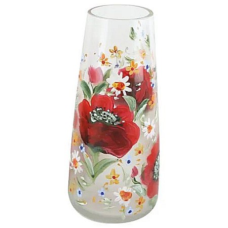 Casă și decorațiuni - Vaza din sticla pictata manual 9x22cm maci cu margarete 2110