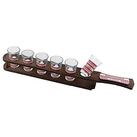 Casă și decorațiuni - Set 6 pahare shot ,,Romania" cu suport lemn traditional