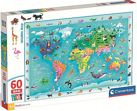Jucării și jocuri - Puzzle 60 maxi - harta lumii cu animale cl26072