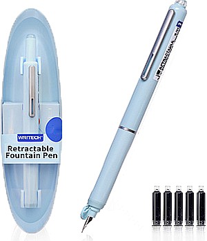 Rechizite școlare - Set stilou retractabil Writech corp albastru penita F cerneala albastru 5 rezerve cutie depozitare