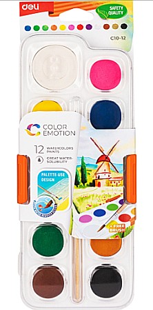 Acuarele școlare și Tempera - Acuarele 12 culori 28mm + pensula Deli