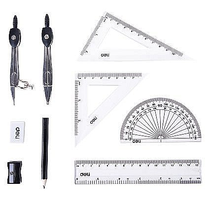 Truse geometrie - Trusa de Geometrie cu 9 piese in cutie metalica Deli