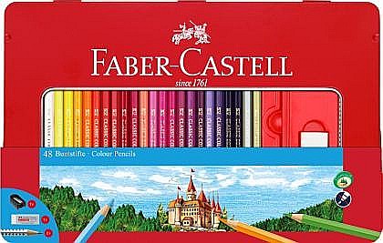 Promoții de Toamnă - Creioane colorate 48 culori cu 4 accesorii cutie metal Faber-Castell