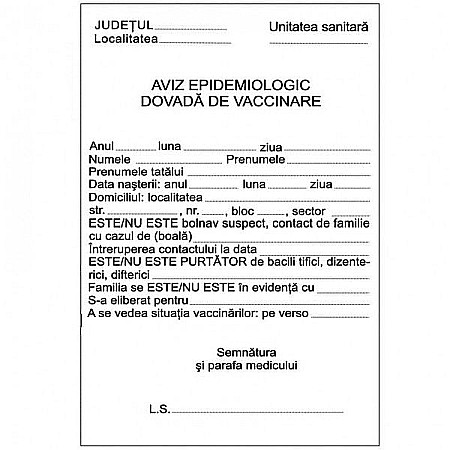 Tipizate și registre - Aviz epidermiologic