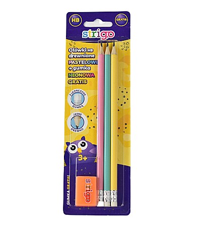 Creioane grafit și ascuțitori - Creioane strigo hb pastel 3/set+radiera neon ssc150+ssc002