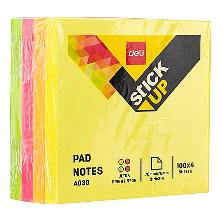 Papetărie și articole din hârtie - Notes adeziv 76*76mm 4 culori neon 400 file deli dlea03003