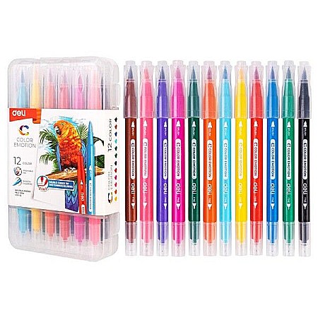 Carioci - Carioci cu varf pensula 12 culori cutie plastic Deli