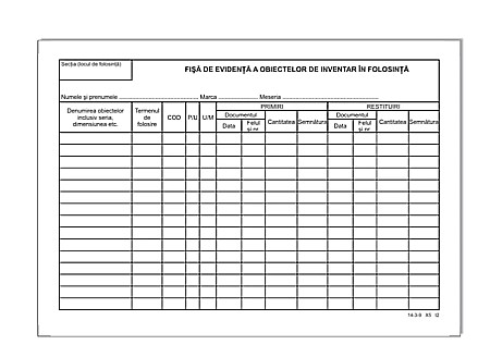 Tipizate și registre - Fisa de evidenta a obiectelor de inventar