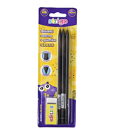 Rechizite școlare - Creioane strigo hb 3/set+radiera be02x3+ssc102