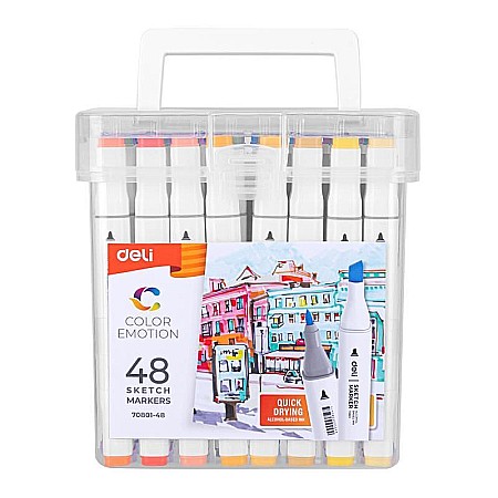Markere și textmarkere - Set 48 markere sketching varf dublu 1mm/7mm cutie plastic Deli