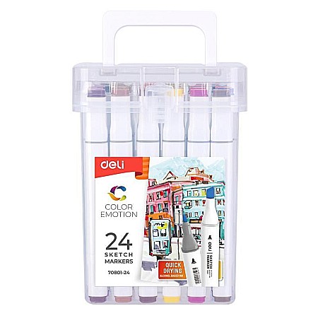 Promoții de Toamnă - Set 24 markere sketching varf dublu 1mm/7mm cutie plastic Deli