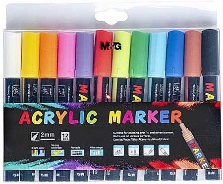 Markere și textmarkere - Marker cu vopsea acrilica varf rotund 2mm 12 culori set M&G