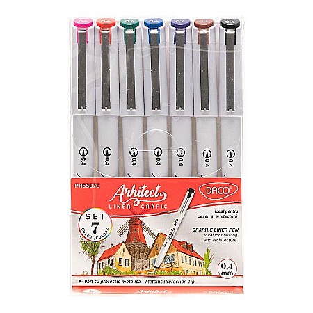 Birotică și accesorii birou - Pix liner grafic Arhitect color 0.4 mm 7 buc /set Daco