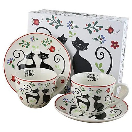 Casă și decorațiuni - Set 2 cesti cu farfurii din portelan 250 ml pisici etno