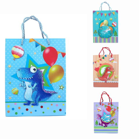 Pungi pentru cadouri - Punga cadou hartie dinozauri si baloane 3D 18x23cm culori diferite