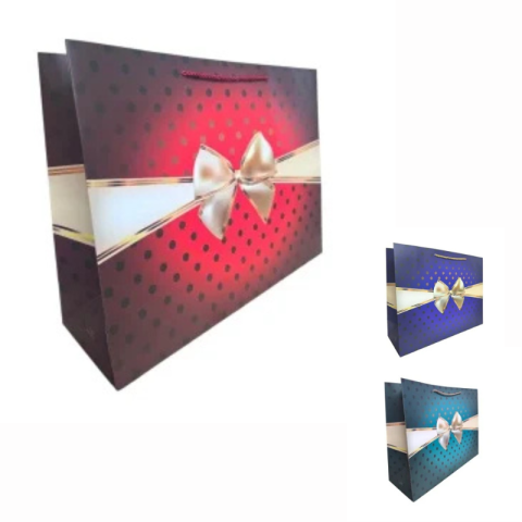 Accesorii pentru impachetat - Punga cadou Karmisee XL cu fundita aurie si buline 47 x 36 x 15 cm culori diferite