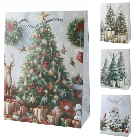 Accesorii pentru impachetat - Punga cadou de Craciun 18 x 8 x 24 cm brad impodobit modele diverse
