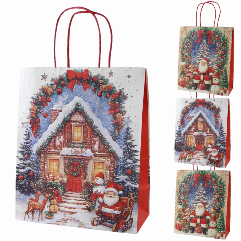 Accesorii pentru impachetat - Punga cadou de Craciun din hartie 22 x 11 x 27 cm Mos Craciun si coronita modele diverse