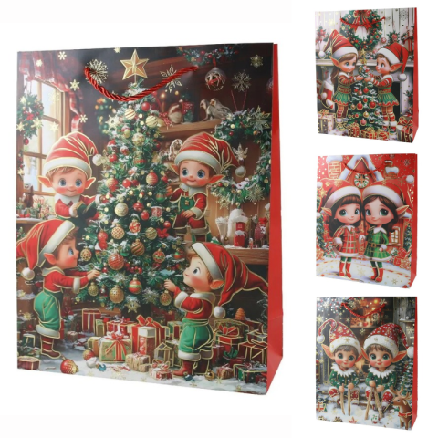 Accesorii pentru impachetat - Punga cadou de Craciun 26 x 10 x 32 cm spiridusi veseli modele diverse