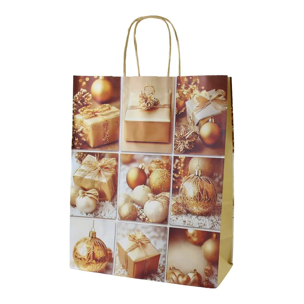 Punga cadou de Craciun din hartie 26 x 12 x 33 cm colaj auriu modele diverse [3]