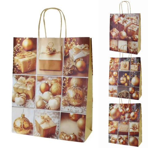 Accesorii pentru impachetat - Punga cadou de Craciun din hartie 26 x 12 x 33 cm colaj auriu modele diverse