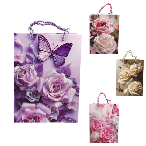 Pungi pentru cadouri - Punga hartie cu trandafiri si fluturi 18x24 cm