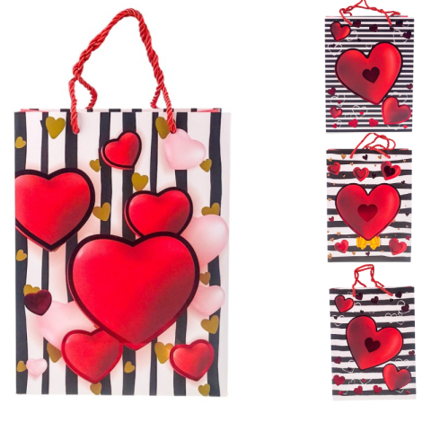 Pungi pentru cadouri - Punga hartie cu inimi si dungi M 26x32 cm