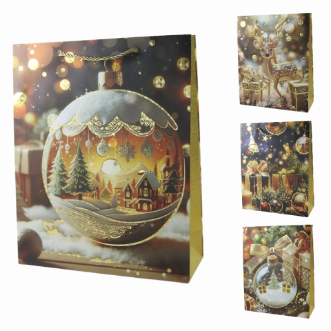 Accesorii pentru impachetat - Punga cadou de Craciun 18 x 24 cm modele aurii diverse