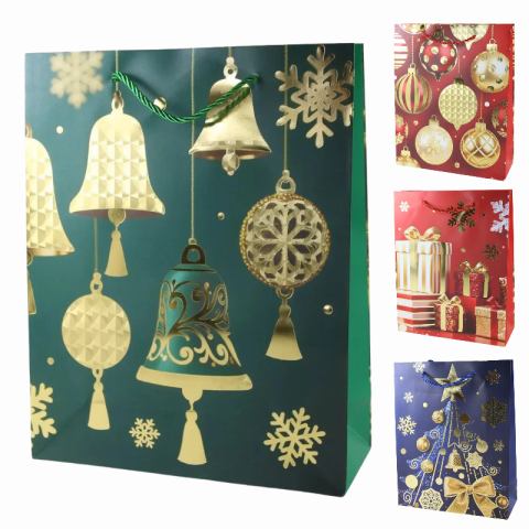 Accesorii pentru impachetat - Punga cadou de Craciun 26 x 10 x 32 cm decoratiuni aurii modele diverse