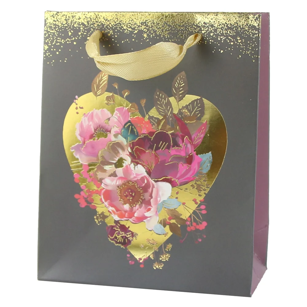 Accesorii pentru impachetat - Punga cadou hartie 11x14 cm inima aurie cu flori