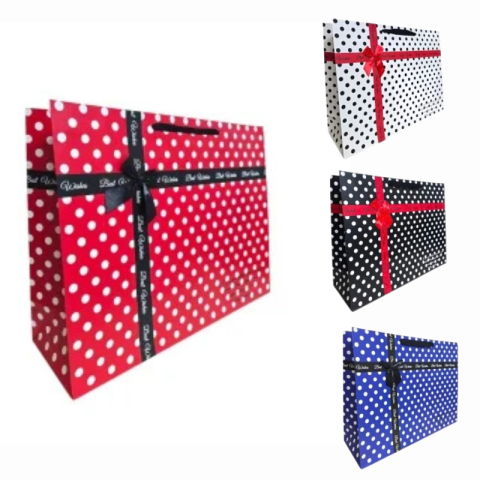 Accesorii pentru impachetat - Punga cadou cu buline si funda „Best Wishes” 47 x 36 x 15 cm modele diferite