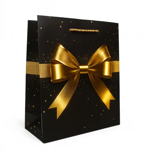 Accesorii pentru impachetat - Punga cadou negru-auriu cu funda metalizata 23 x 18 x 10 cm