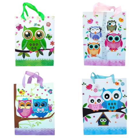 Accesorii pentru impachetat - Punga hartie 18x23 cm bufnite diverse culori