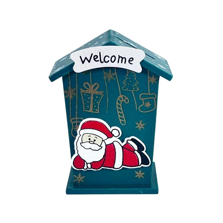 Decorațiuni de interior - Pusculita casuta decorativa din lemn Mos Craciun Welcome 10x8 cm