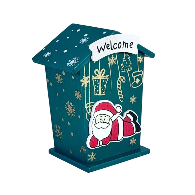Pusculita casuta decorativa din lemn Mos Craciun Welcome 10x8 cm [2]