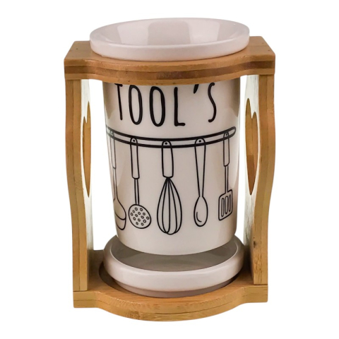 Articole pentru bucătărie - Scurgator tacamuri din ceramica si suport lemn 11x15 cm