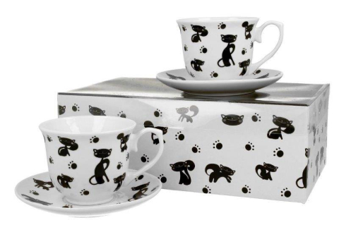 Căni și pahare - Set 2 cani cu farfurie din portelan 250 ml Black Cats
