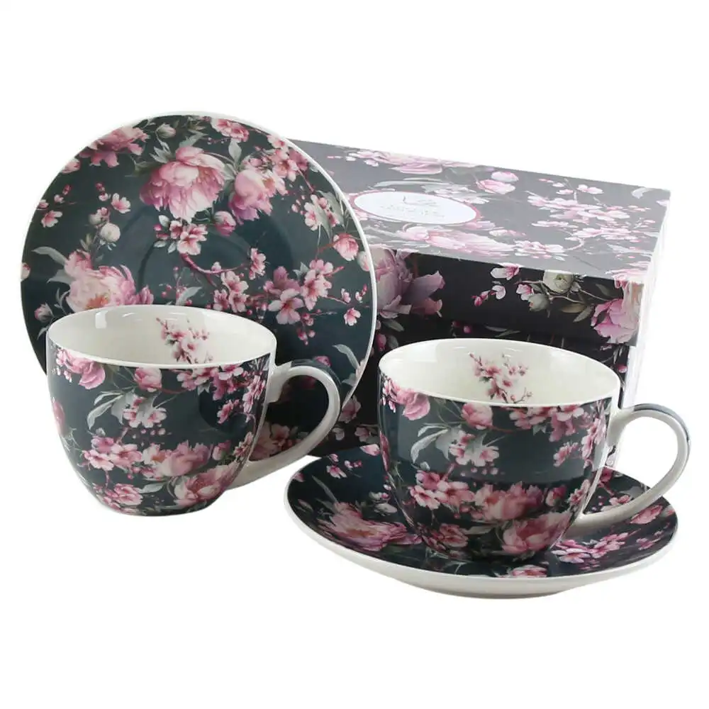 Casă și decorațiuni - Set 2 cani cu farfurie din portelan 250 ml „Noemi Black”