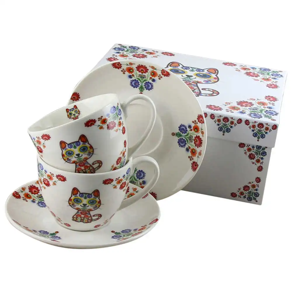 Casă și decorațiuni - Set 2 cani cu farfurie din portelan 280 ml „Retro Etno Cats”