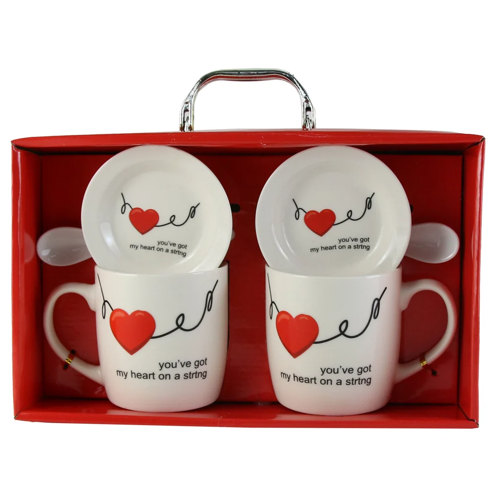 Set 2 cani cu farfurii si lingurita din ceramica 9 cm rosu/alb [1]