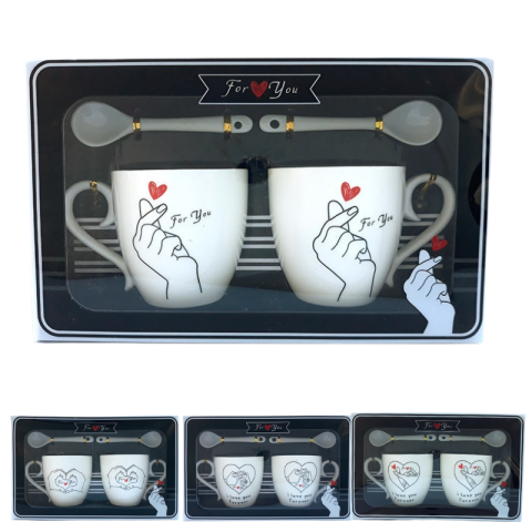 Casă și decorațiuni - Set ceramica doua cani cu lingurita For you 22x14 cm