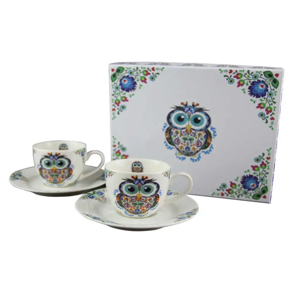 Casă și decorațiuni - Set 2 cani expresso cu farfurii 110 ml „Etno Bufnita”