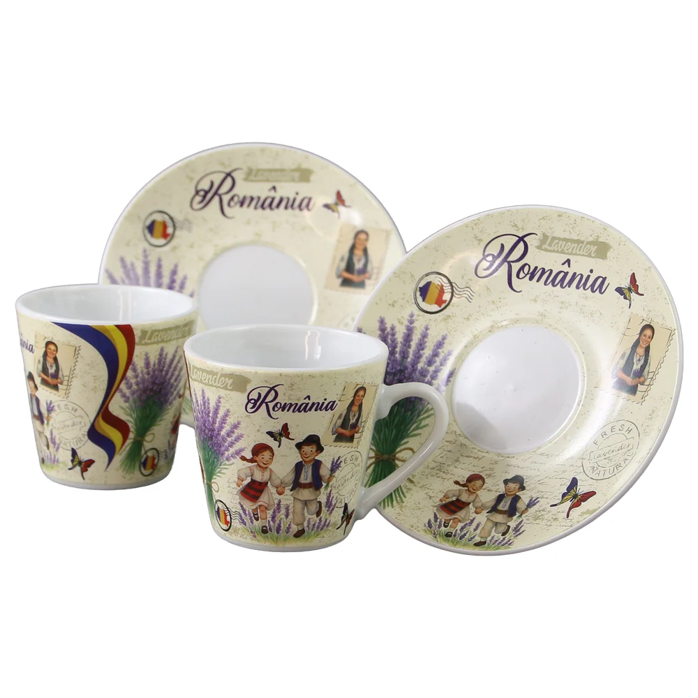 Căni și pahare - Set 2 cesti cafea cu farfurioare din ceramica Romania 70 ml Lavanda