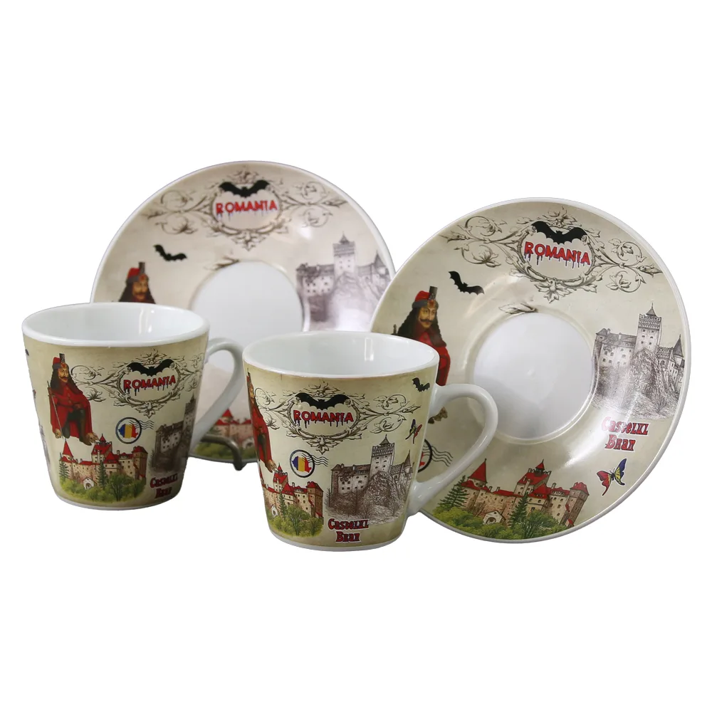 Căni și pahare - Set 2 cesti cafea cu farfurioare din ceramica Romania 70 ml Castelul Bran